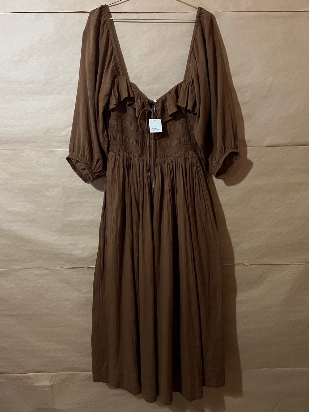Free People | NWT Oasis Midi Dress Smocked Ruffle Popover Cotton Brown Size L